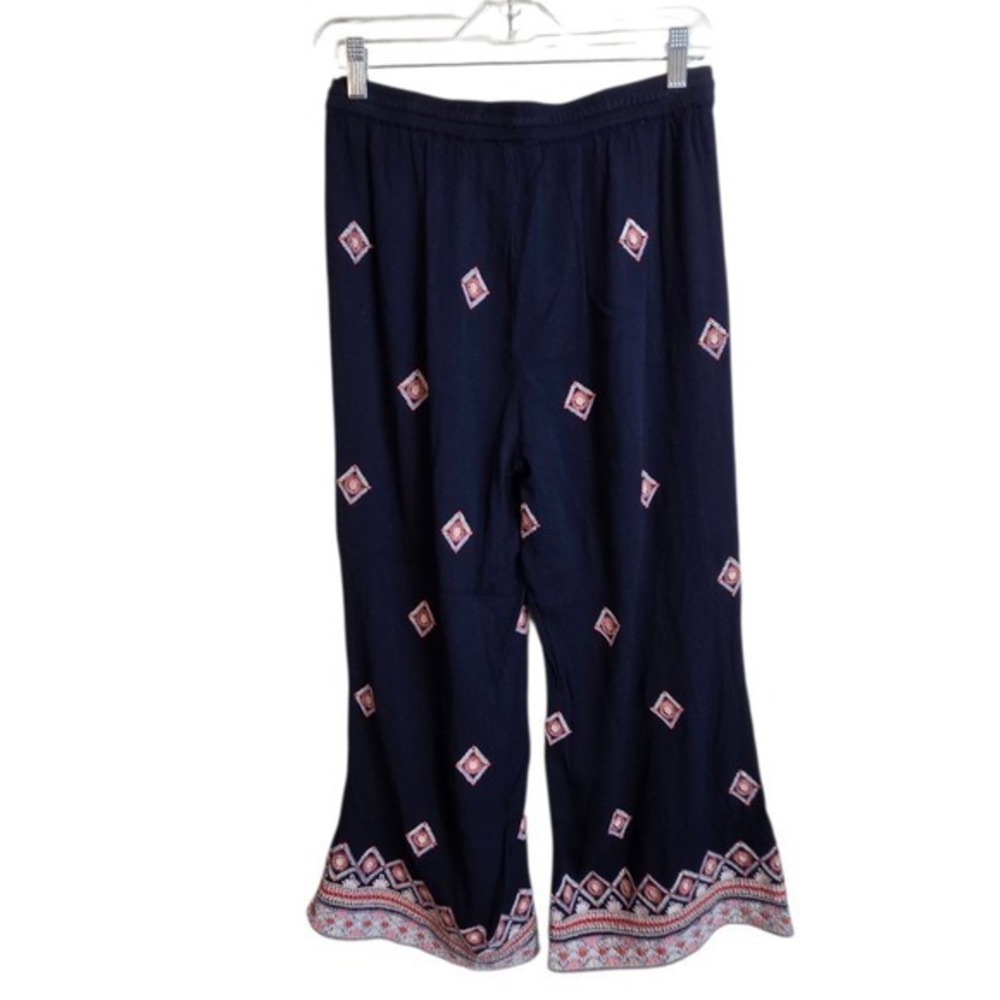 Sundance Navy Blue Embroidered Small Wide Leg Boho Pants Elastic Waist Gauzey - Picture 4 of 16